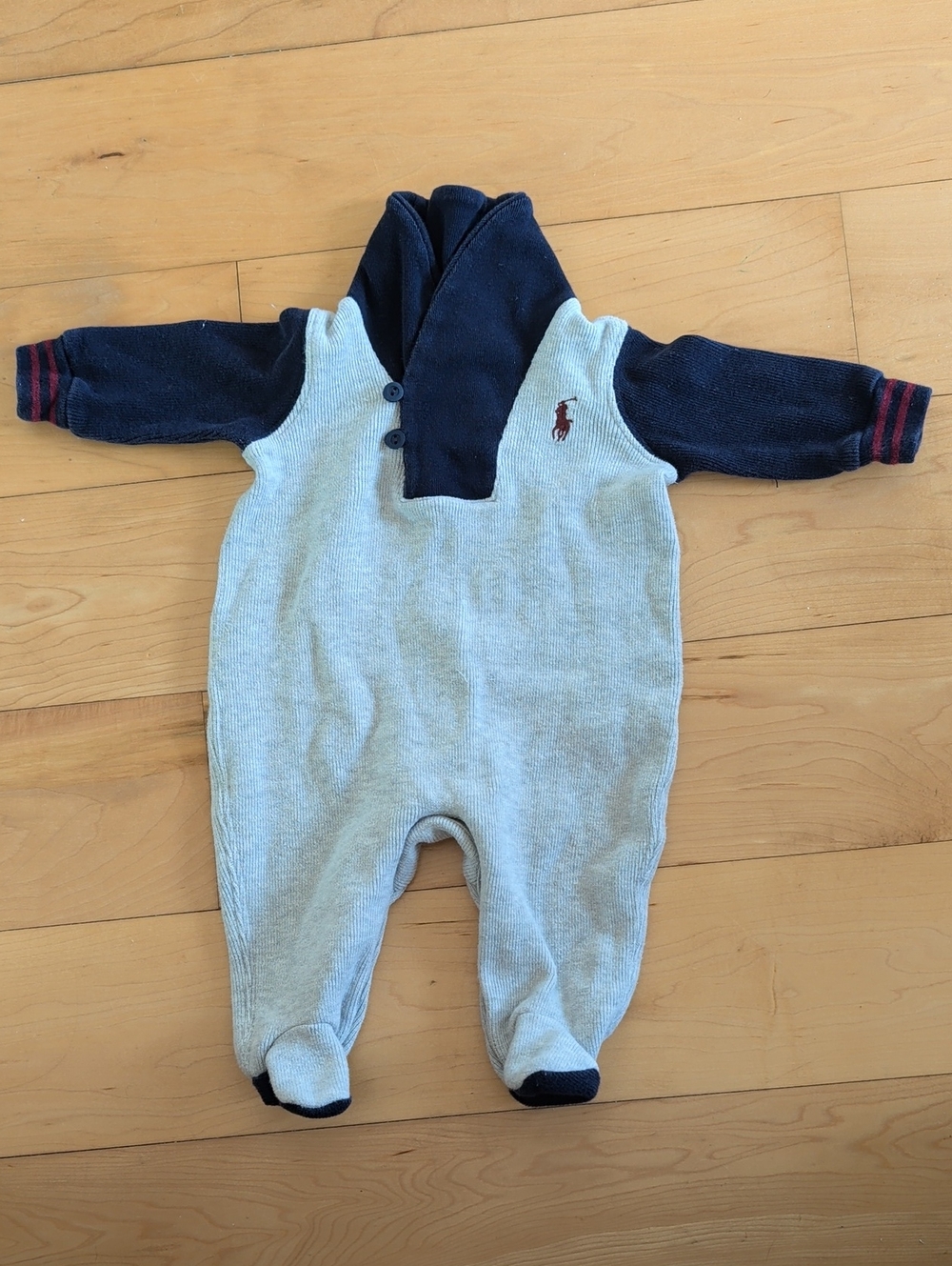 Ralph Lauren Navy & Light Gray Hooded Footed One-Piece Winter Romper